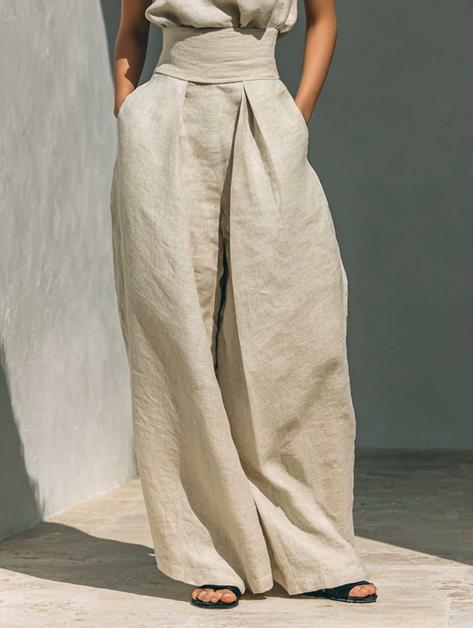 Kevara - Wide-Leg Cotton-Linen Trouser Set