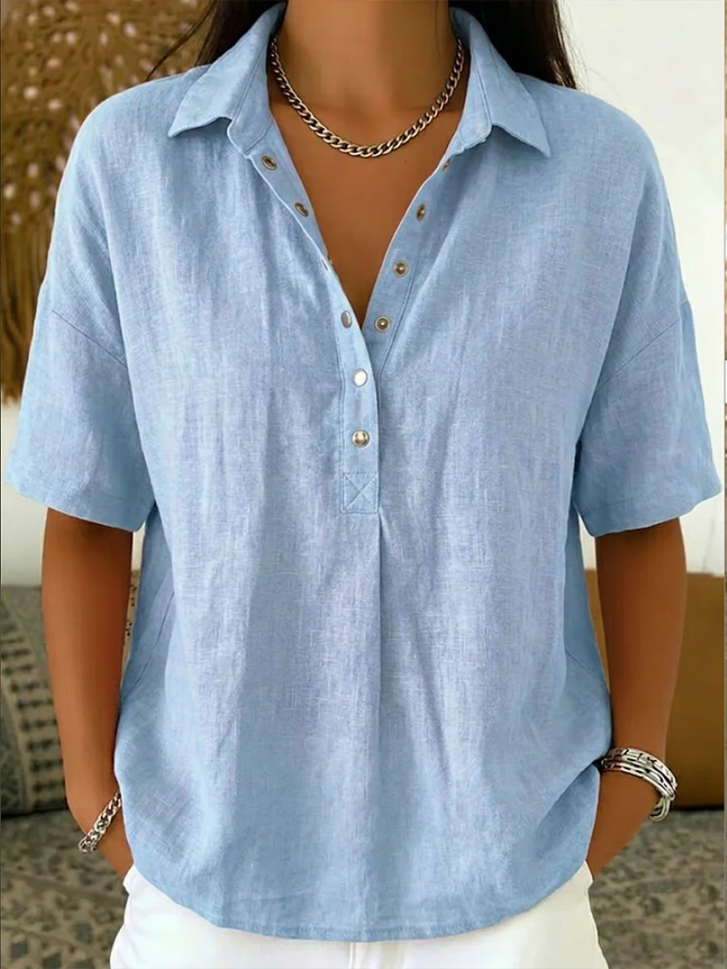 Kelora - Collared V-Neck Cotton-Blend Blouse