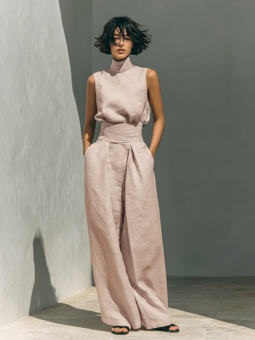 Kevara - Wide-Leg Cotton-Linen Trouser Set