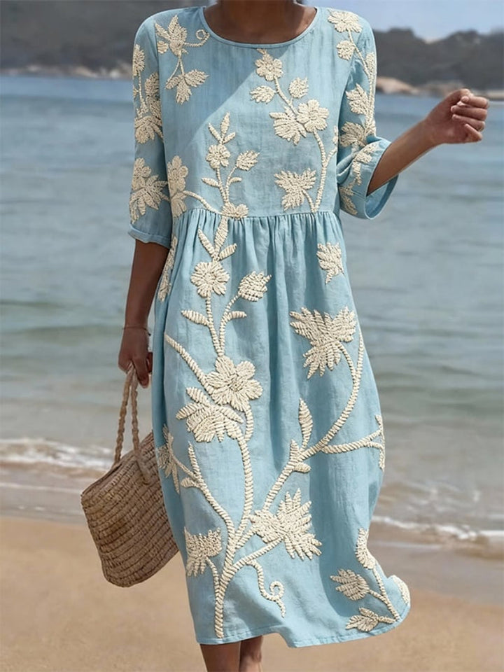 Navora - Embossed Floral Linen-Cotton Dress