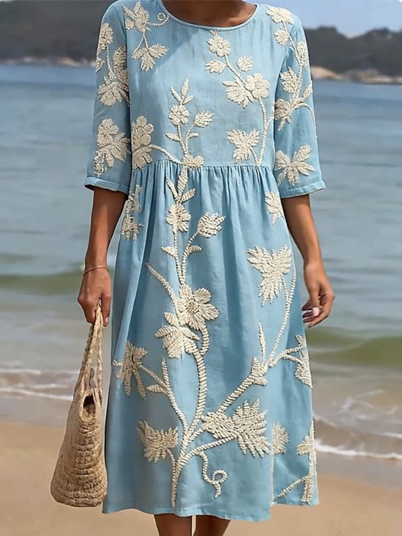 Navora - Embossed Floral Linen-Cotton Dress