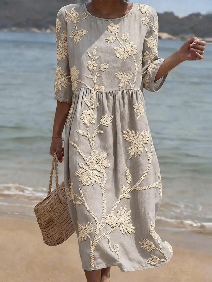 Navora - Embossed Floral Linen-Cotton Dress