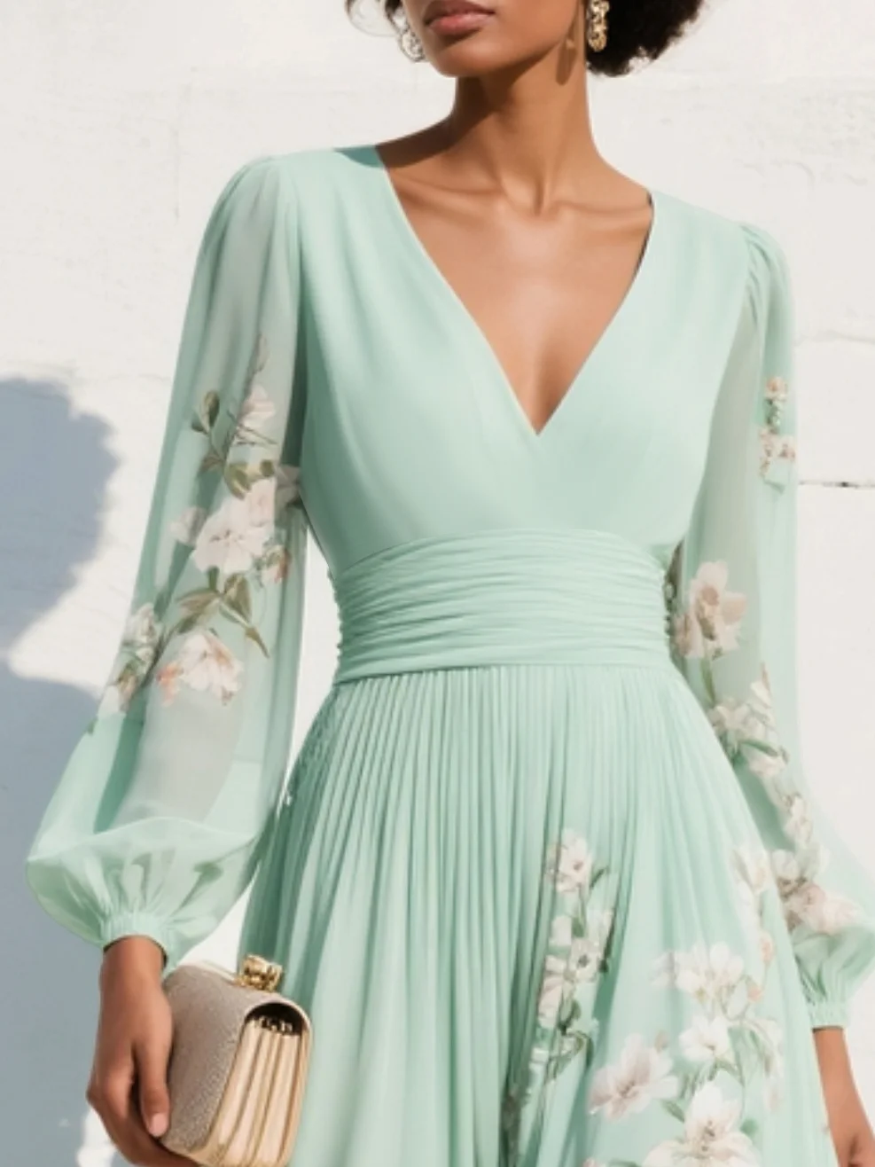 Nerise - Defined Waist Floral Print Midi Dress