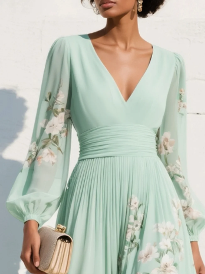 Nerise - Defined Waist Floral Print Midi Dress