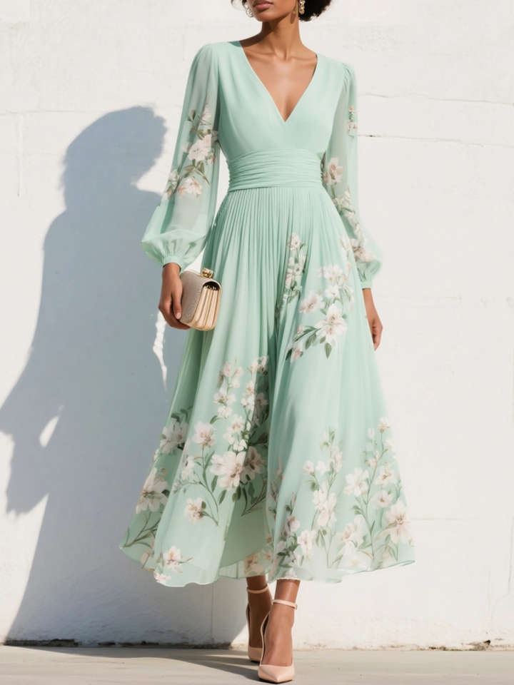 Nerise - Defined Waist Floral Print Midi Dress