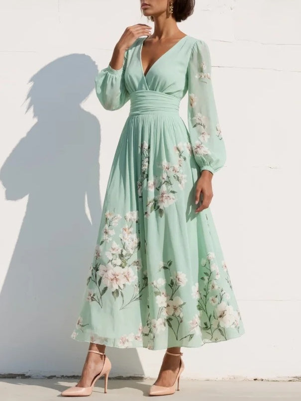 Nerise - Defined Waist Floral Print Midi Dress