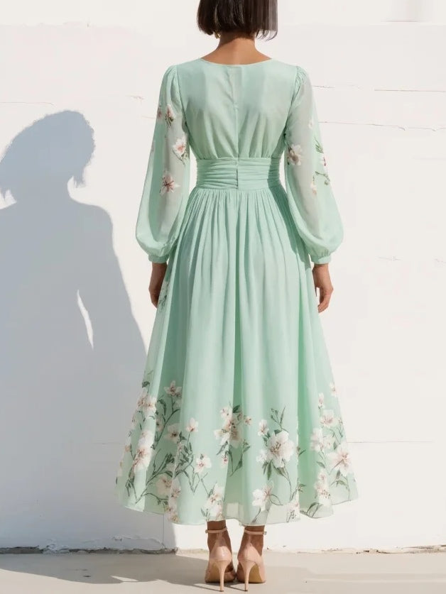 Nerise - Defined Waist Floral Print Midi Dress