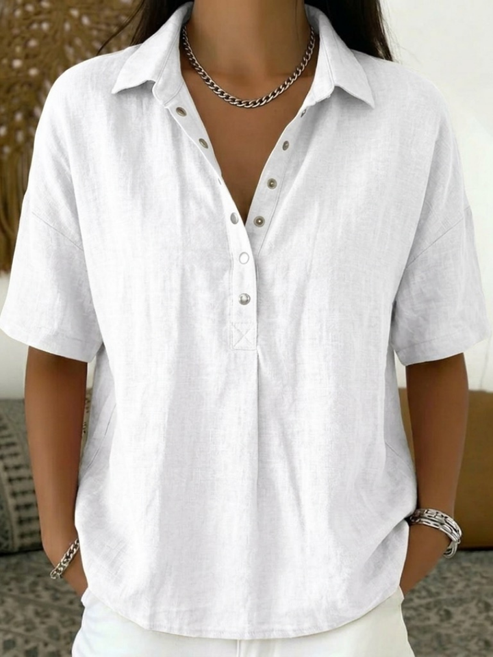 Kelora - Collared V-Neck Cotton-Blend Blouse