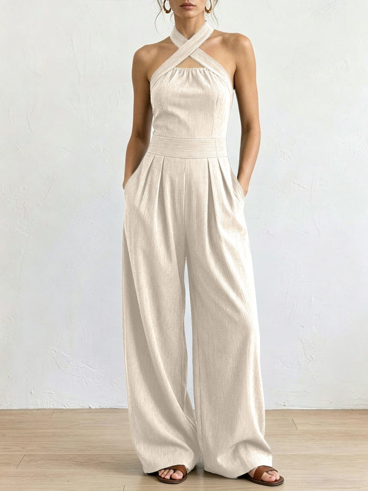 Sevona - Surplice Neck Linen-Cotton Jumpsuit