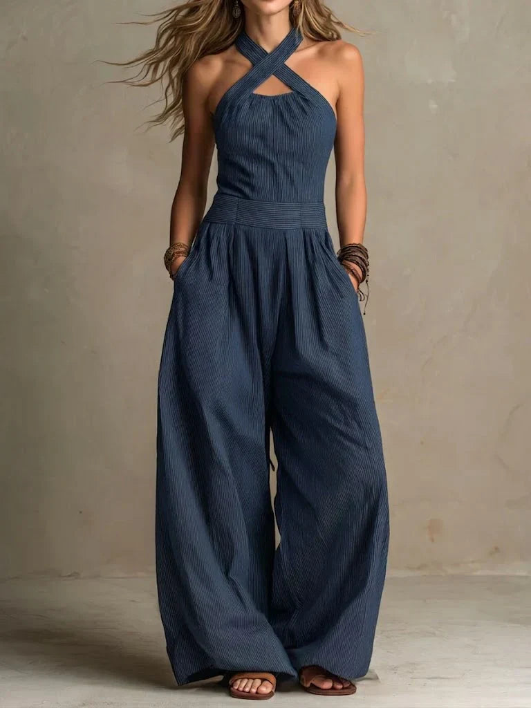 Sevona - Surplice Neck Linen-Cotton Jumpsuit