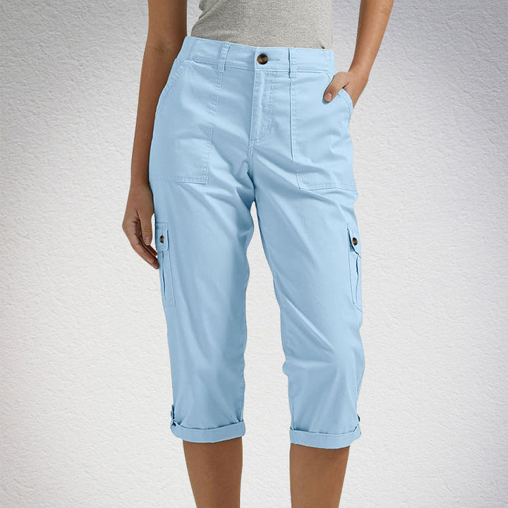 Orelyn - Multi-Pocket Stretch Woven Capri Cargo Trousers